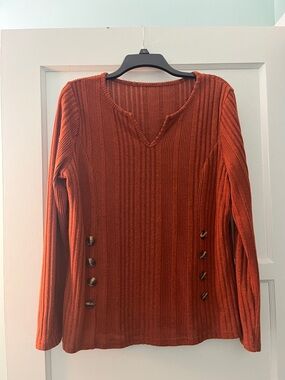 Rust Orange Ribbed Knit Top with Button Detail